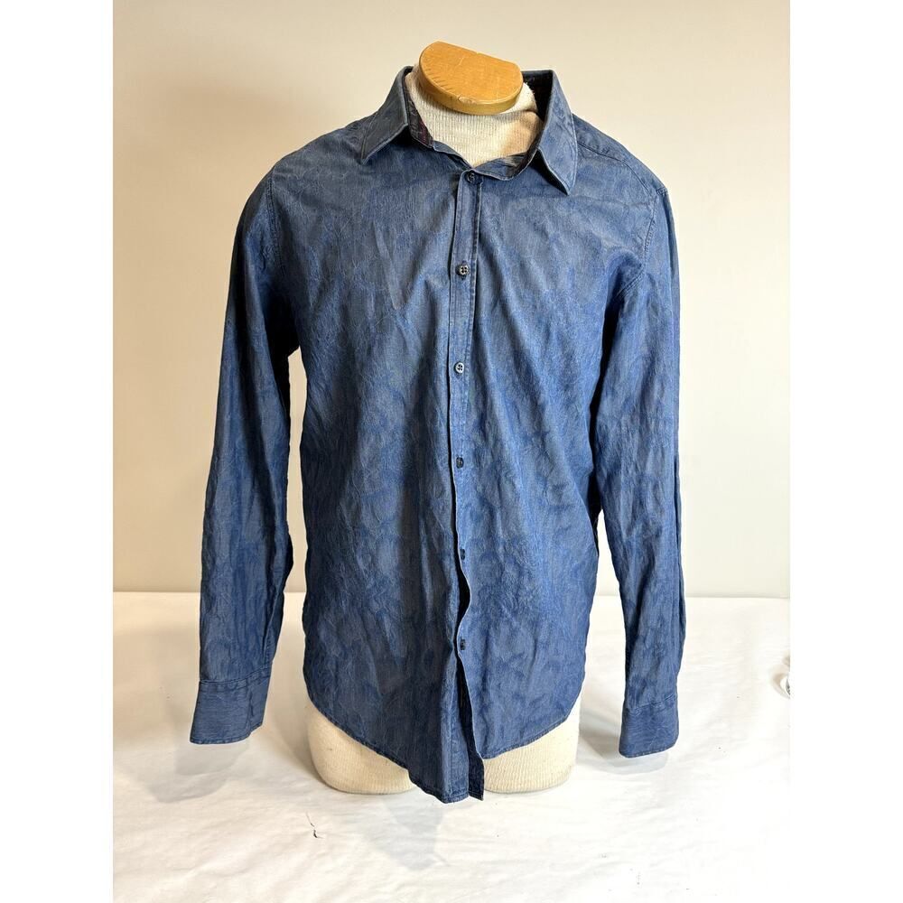 Ted Baker Blue Button Down Shirt Contrast Collar Chambray Floral - Men Size 16